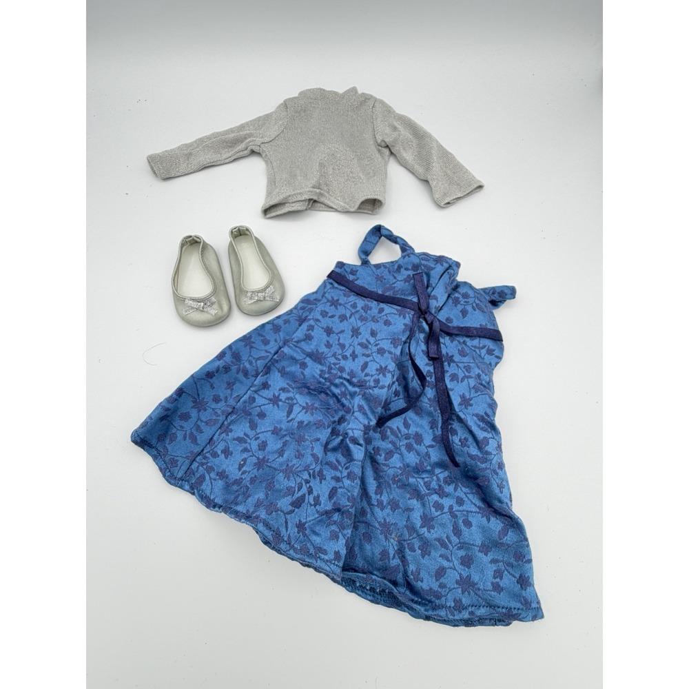 American Girl Sapphire Party Outfit Dress Shoes Shirt Silver & Blue EUC